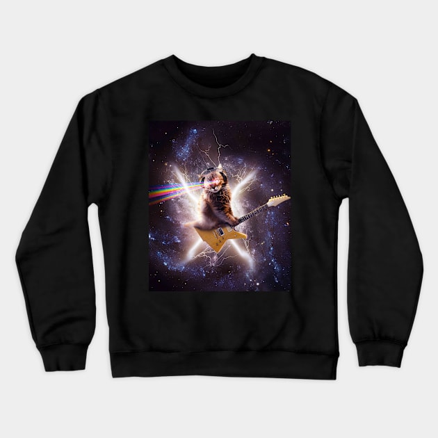 Laser Cat Riding Guitar In Outer Space Galaxy Lightning Crewneck Sweatshirt by Random Galaxy